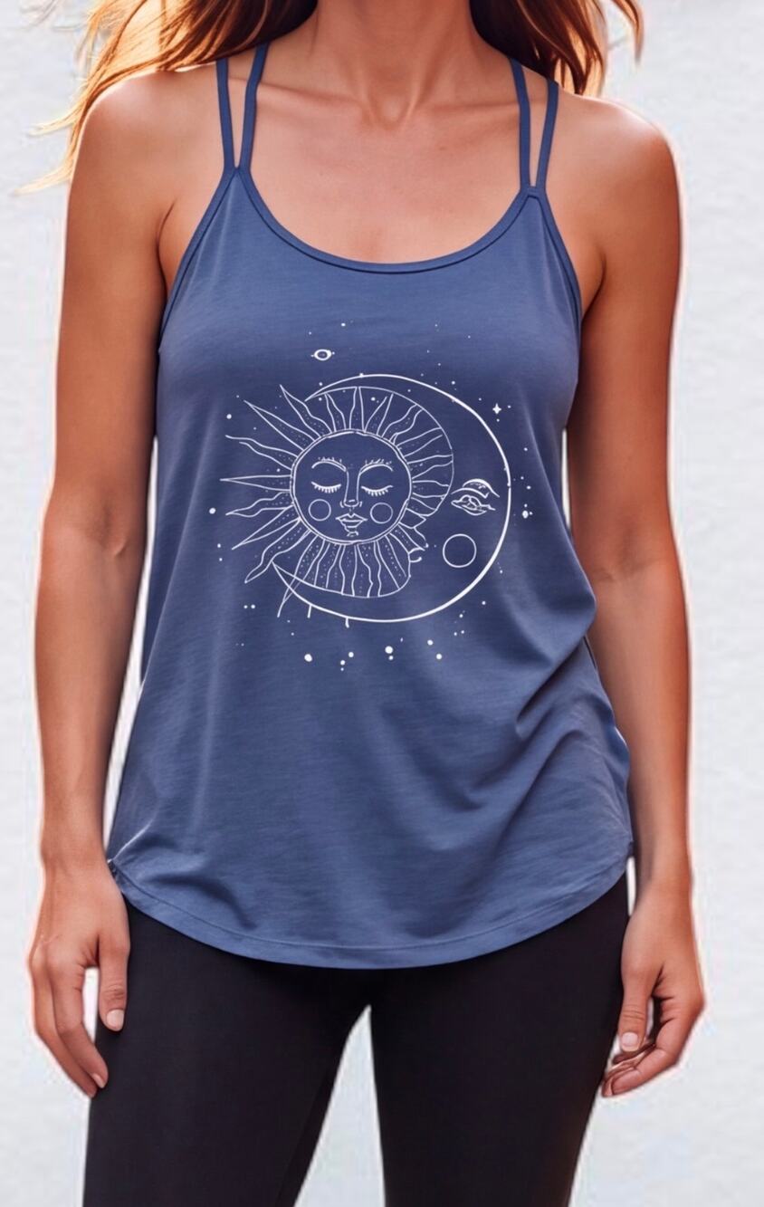 Brisas Celestial Sun Moon Graphic Tank Top Navy Blue Gold Cage Strappy Back M